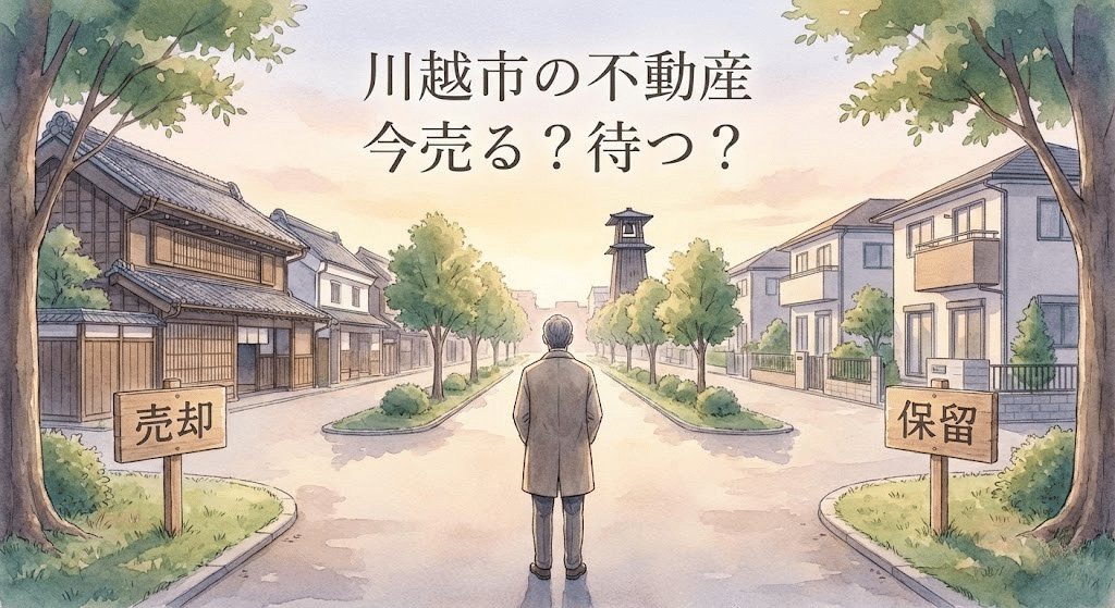 川越市の不動産を売るか迷う判断シーンのイラスト