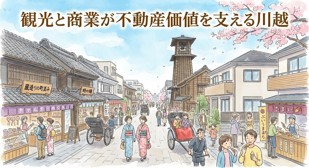 観光地としての川越が不動産価値に与える影響を示すイラスト