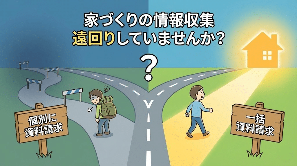 注文住宅の情報収集で一括資料請求と個別請求を比較しているイメージ図