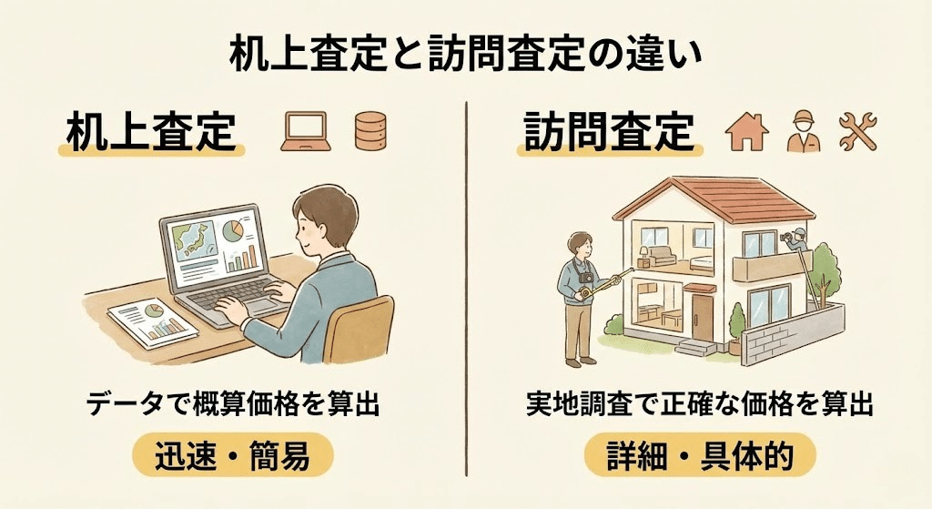 机上査定と訪問査定の違いを比較したイラスト