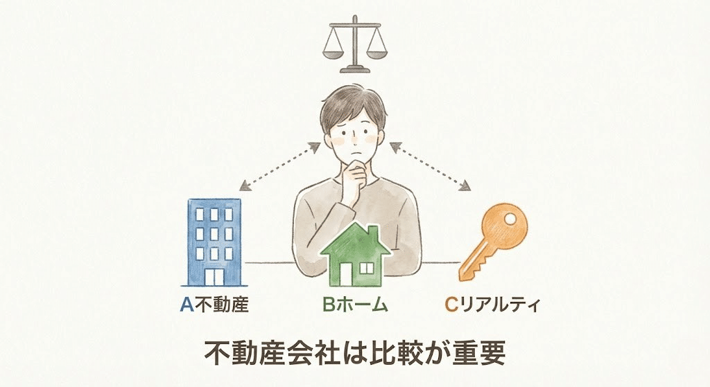 不動産会社を比較して選ぶ重要性を表したイラスト
