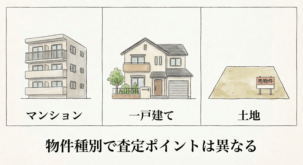 マンション・戸建て・土地の査定ポイントの違いを示すイメージ
