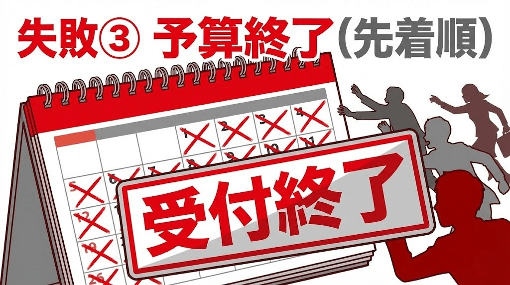 トイレリフォーム補助金が予算終了で受け取れなくなるケースを示したイラスト