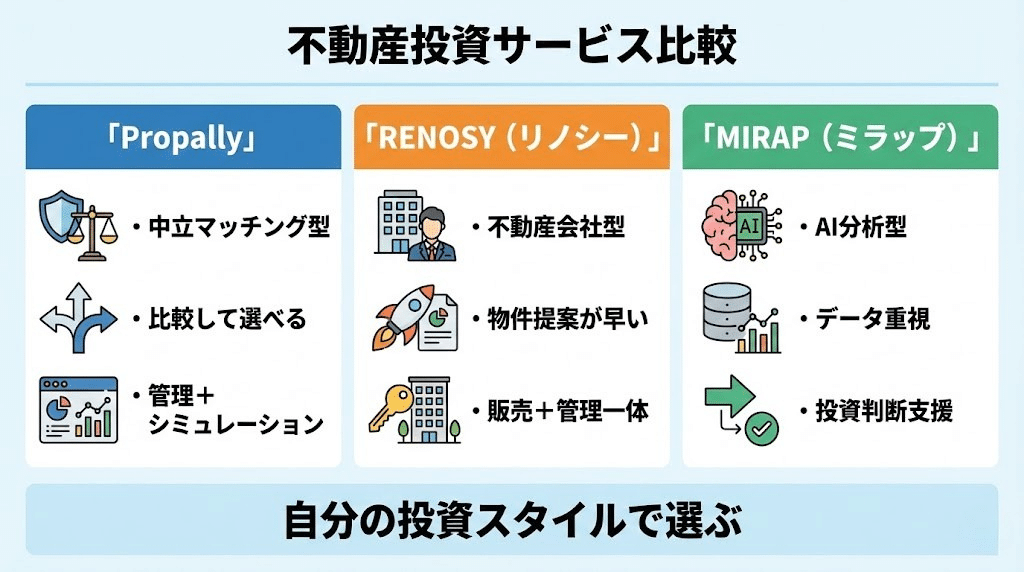 PropallyとRENOSY、MIRAPの違いを立ち位置(中立マッチング・不動産会社型・AI分析型)で比較した図