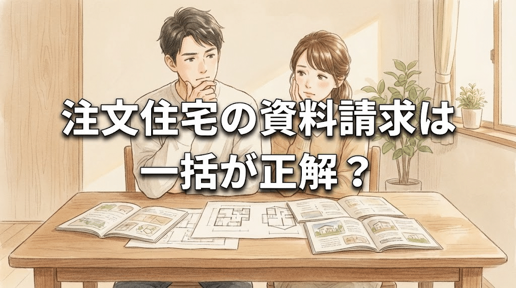 注文住宅の資料請求を一括で行うべきか悩む家づくり検討中の夫婦のイラスト