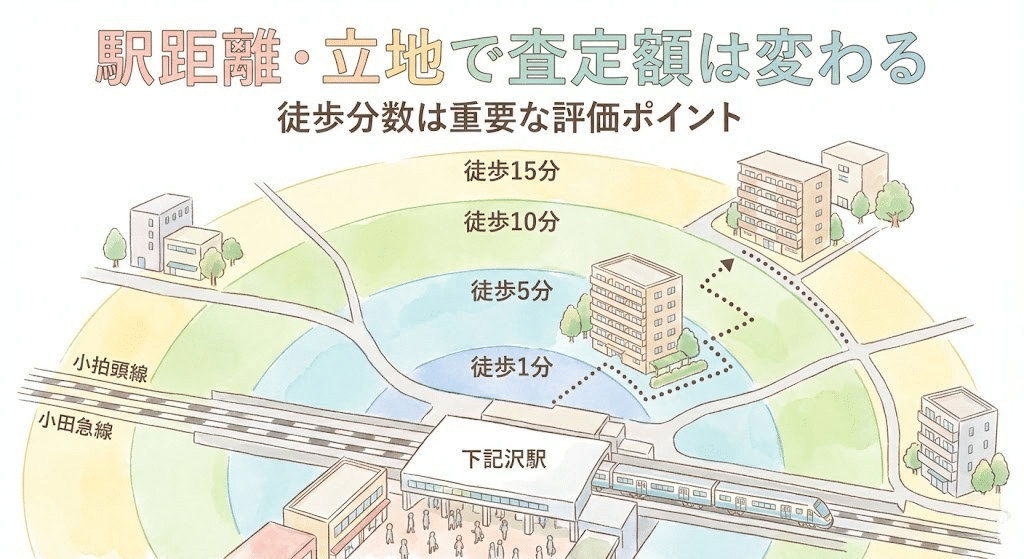 下北沢駅からの距離がマンション査定額に影響することを示したイラスト