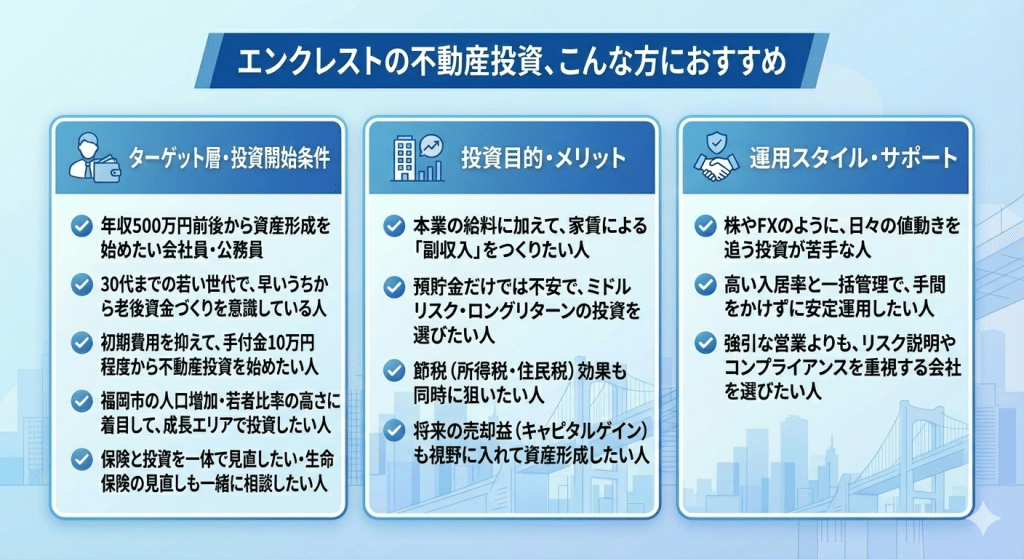 エンクレストの不動産投資、こんな方におすすめ