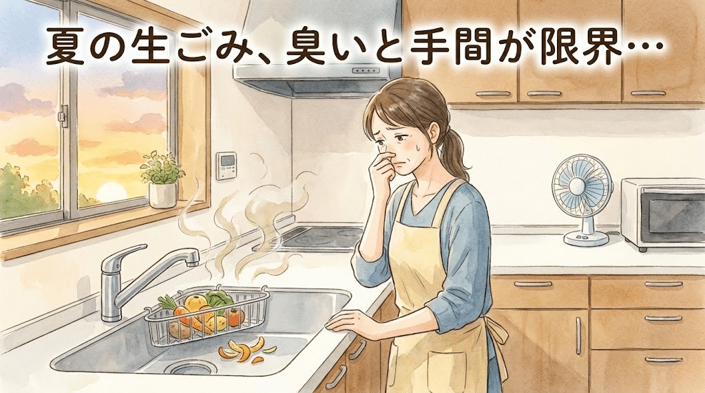 夏場の家庭で生ごみの臭いや処理の手間に悩む様子
