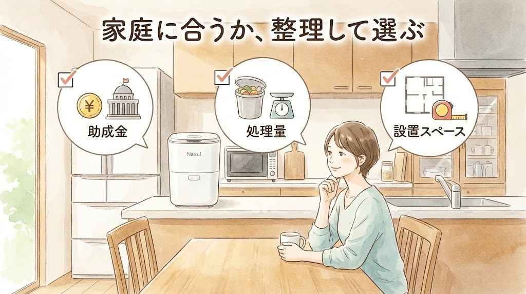 ナクスルが家庭に合うか助成金や処理量を整理して検討するイメージ