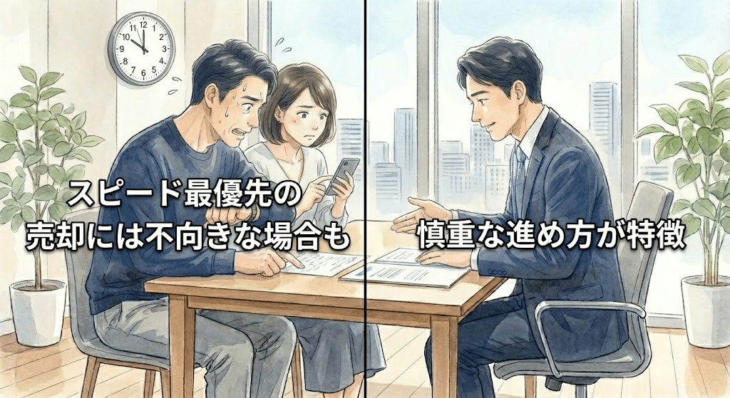 短期間売却を希望する人と慎重な売却方針の違いを示すイメージ