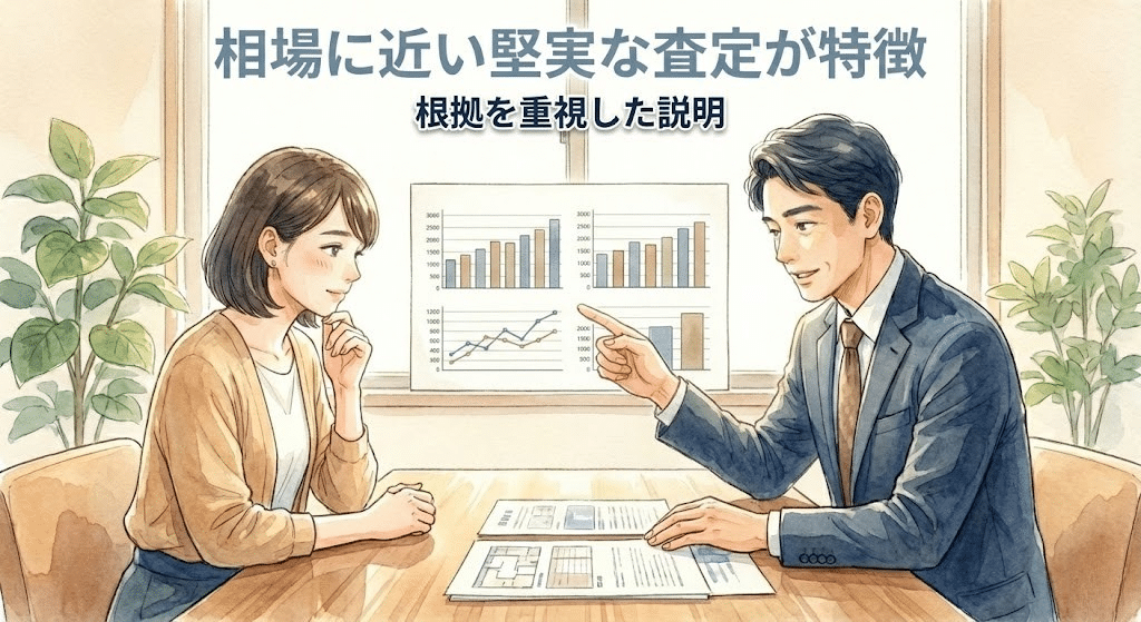 住友不動産ステップの不動産査定で相場に近い価格をグラフと資料で説明している様子