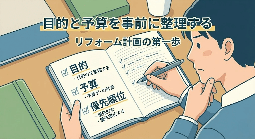 リフォームの目的や予算を事前に整理している様子のイラスト