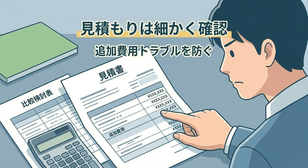 リフォーム見積もりの内訳や追加費用を確認しているイラスト