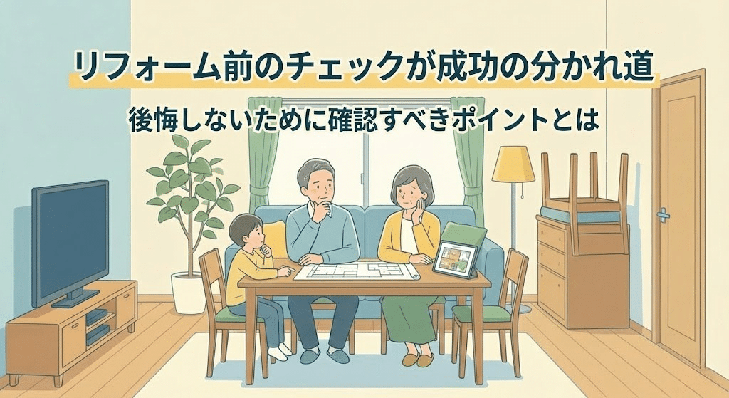リフォーム前にチェックポイントを確認する家族のイラスト