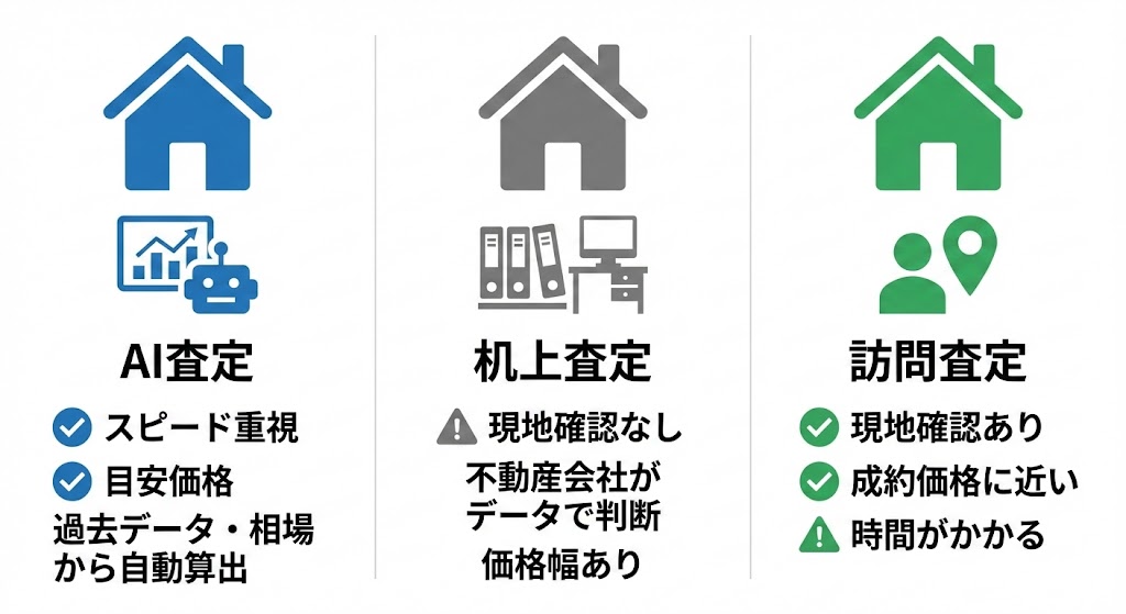 不動産AI査定と机上査定・訪問査定の違い