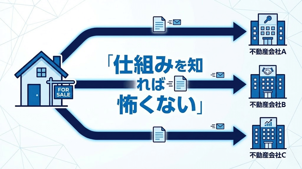 不動産一括査定の複数社送信構造を示す図解イラスト