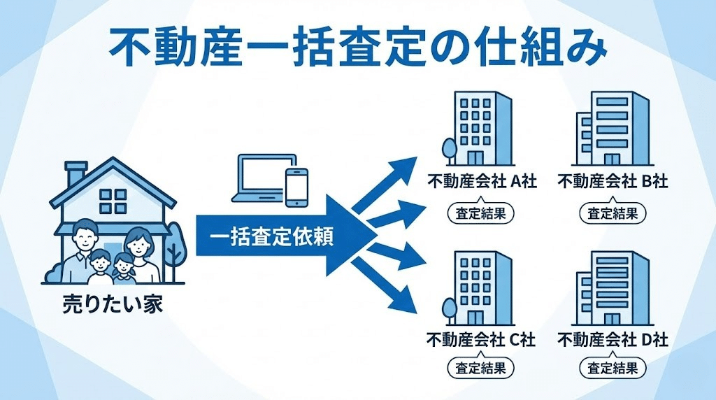 不動産一括査定の仕組みを示した図解イメージ