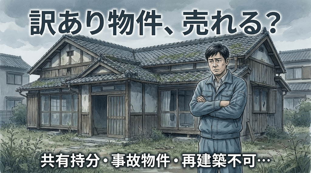 訳あり不動産の売却に悩む男性と老朽化した家のイラスト