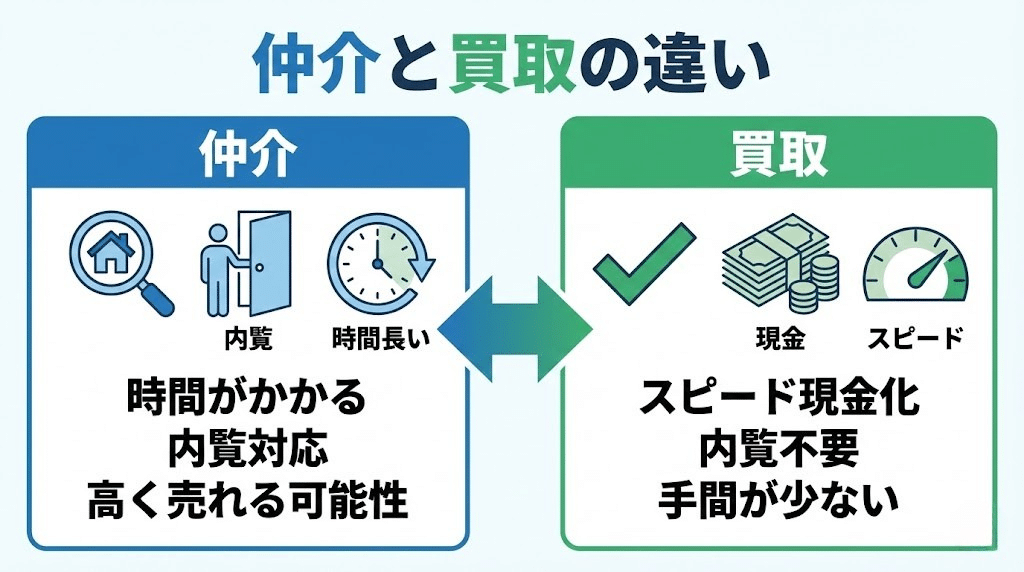 仲介と買取の違いを比較した図解イラスト