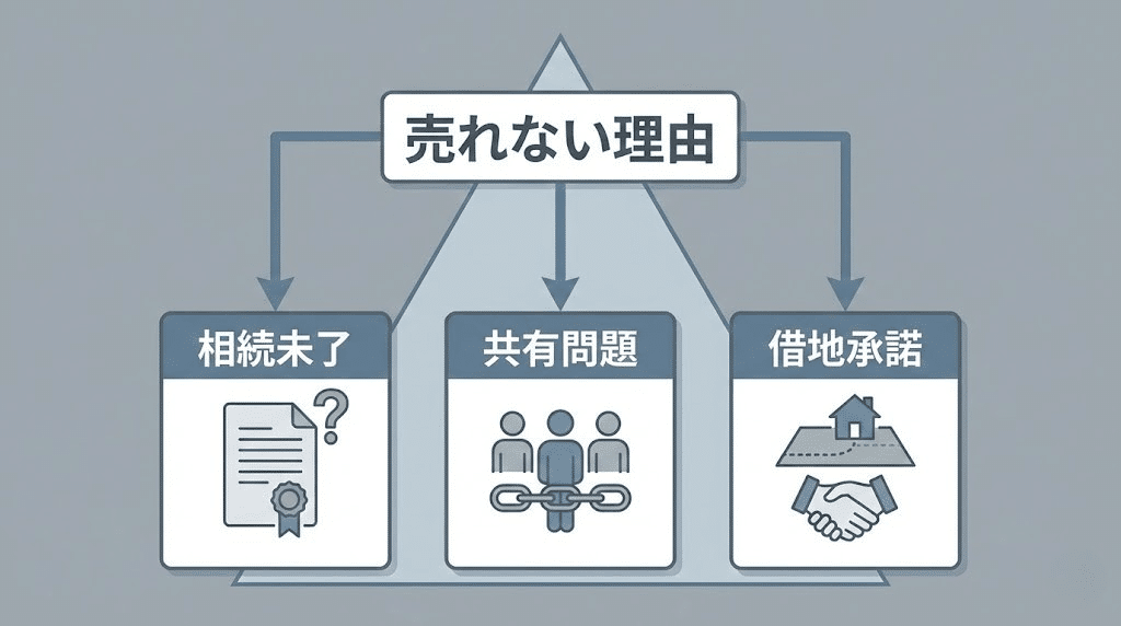 訳あり不動産が売れない3つの原因を示す図