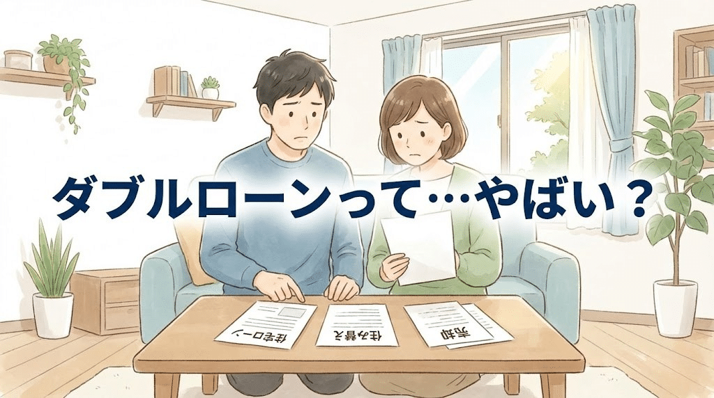 ダブルローンはやばい?住み替え時に住宅ローンが2本になる不安を感じる家族のイラスト