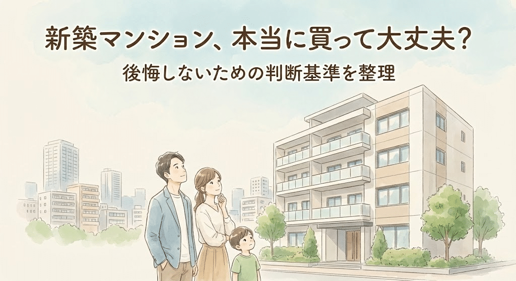 新築マンション購入前に立ち止まって考える家族のイラスト