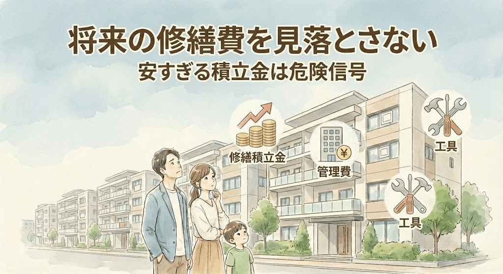 新築マンションの修繕費や維持費リスクを表したイラスト