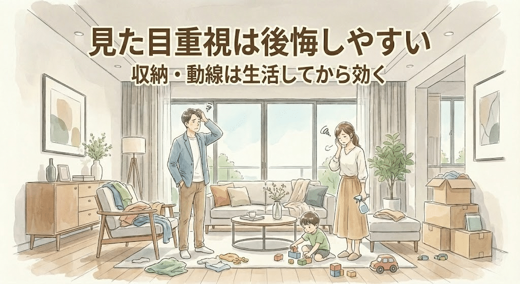 新築マンションの間取りや収納で後悔する様子のイラスト
