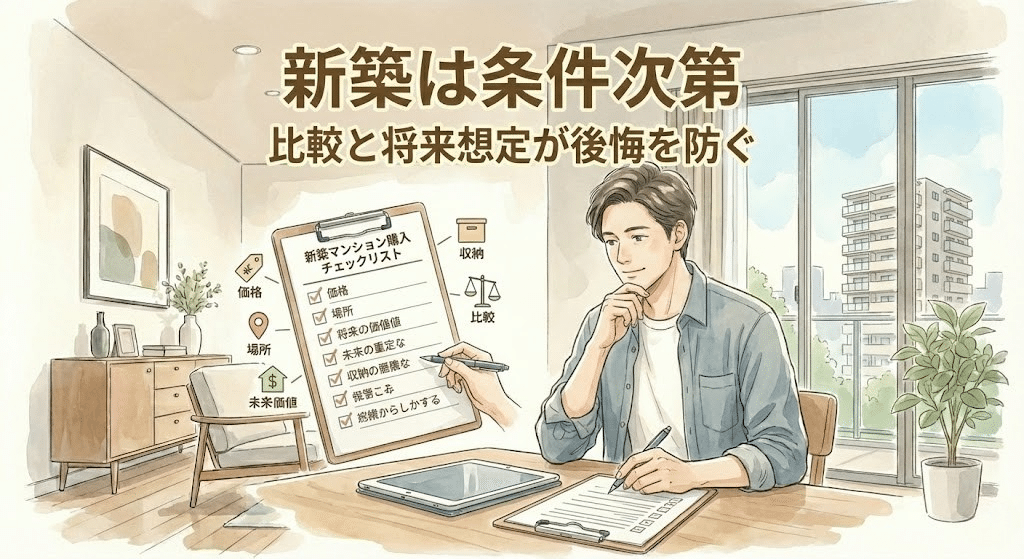 新築マンション購入前に条件を整理して判断するイラスト