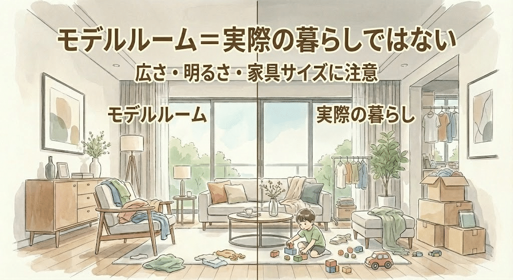 モデルルームと実際の住み心地の違いを示すイラスト
