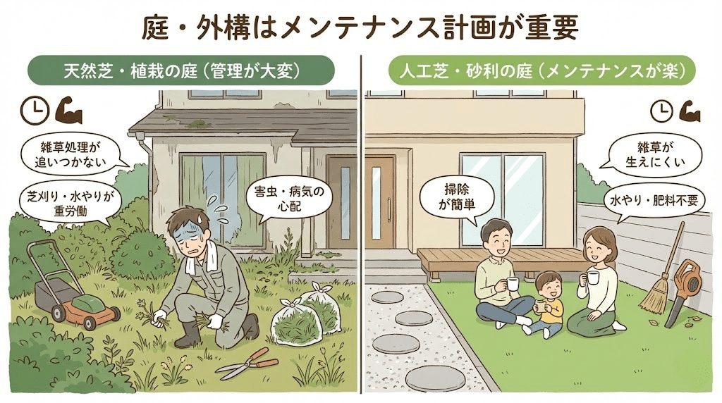 庭や植栽のメンテナンス負担を比較した図解
