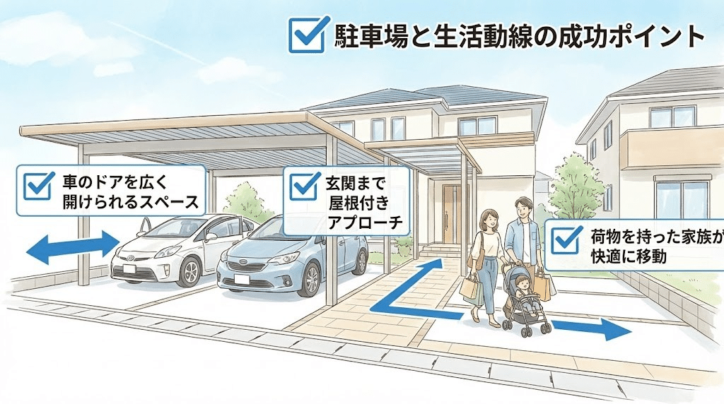 駐車スペースと生活動線の成功設計イメージ