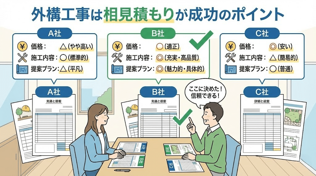 外構業者の相見積もり比較を解説するイラスト