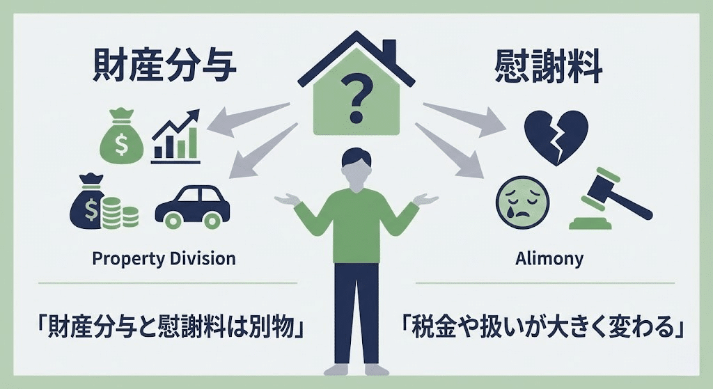 離婚時の財産分与と慰謝料の違いを分かりやすく示したイラスト
