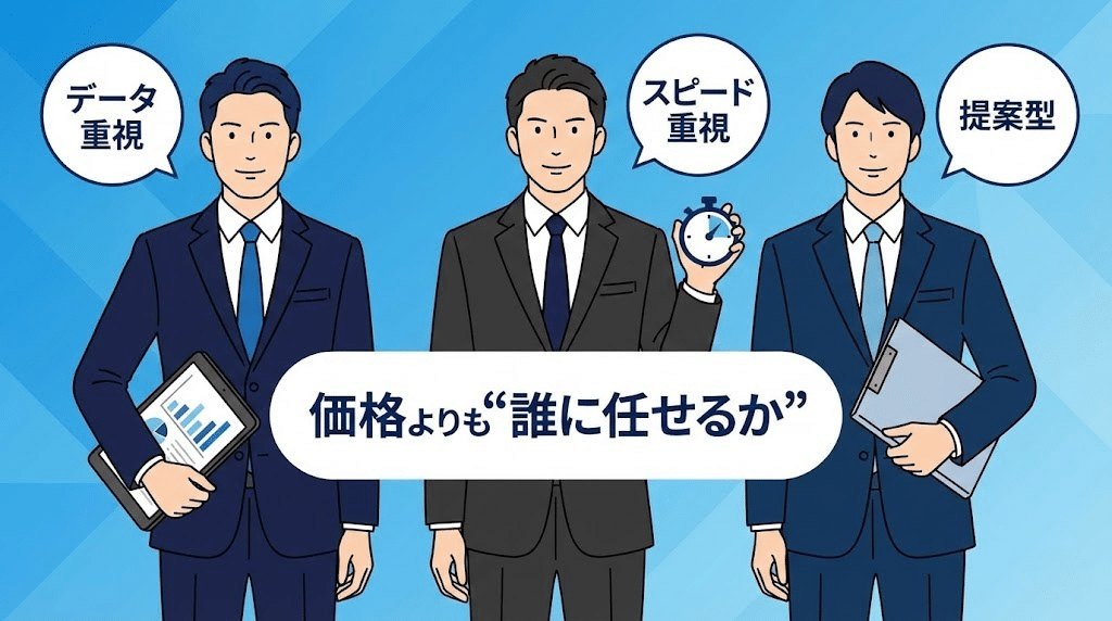 不動産会社の担当者を比較しているイメージ