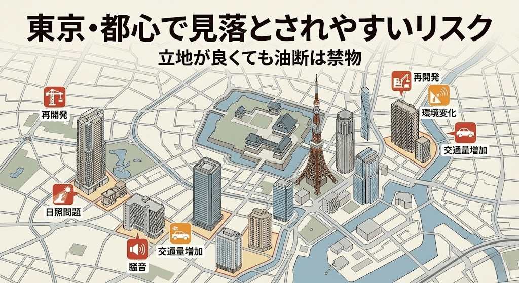 東京の都心マンション周辺に潜む再開発や環境変化のリスクを示したイラスト