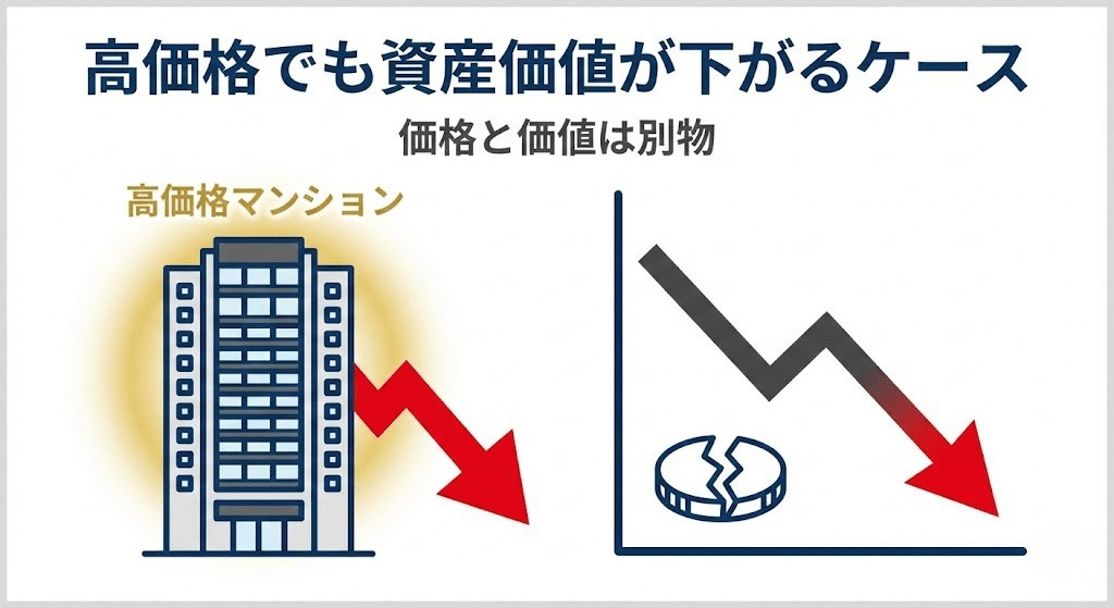 価格が高い都心マンションでも資産価値が下がるケースを示す図解