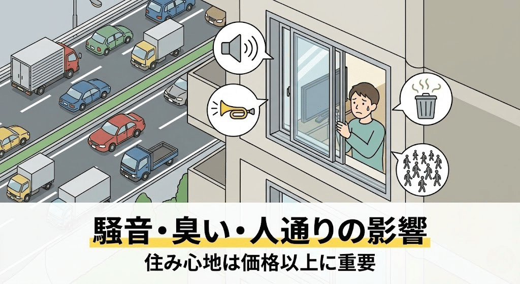 道路沿いマンションで騒音や臭いの影響を受けやすい住戸位置のイラスト