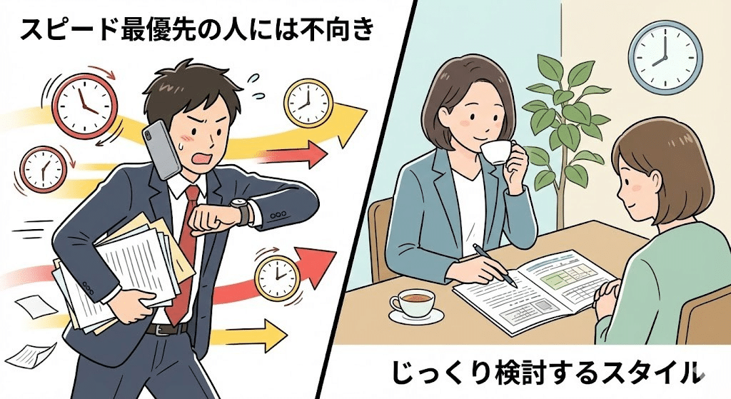 売却スピードを重視する人と慎重に進める不動産会社の違いを表したイラスト