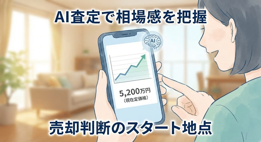 AI査定で不動産の相場感を確認しているスマートフォン画面のイラスト