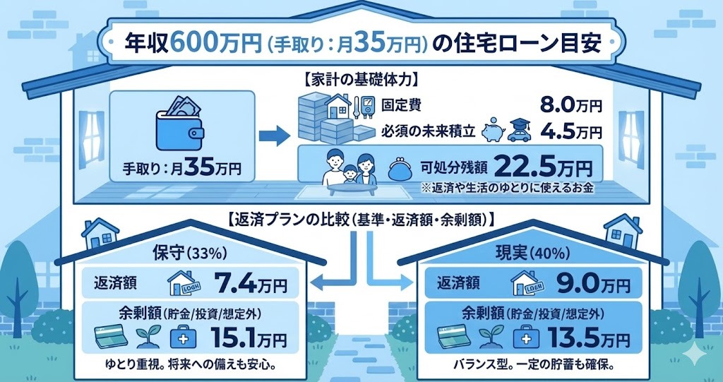 住宅ローンシミュレーション:年収600万円・子ども2人・車あり家庭(手取り約35万円)