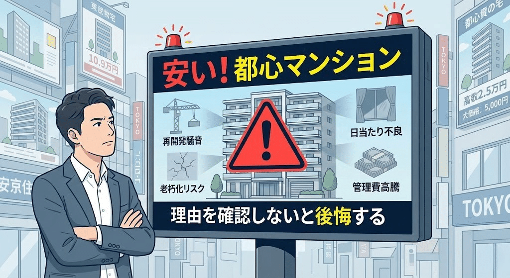 相場より安い都心マンションに注意が必要な理由を示した図解イラスト
