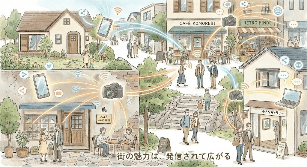 ショップやメディアの発信が街の価値を支えているイメージ