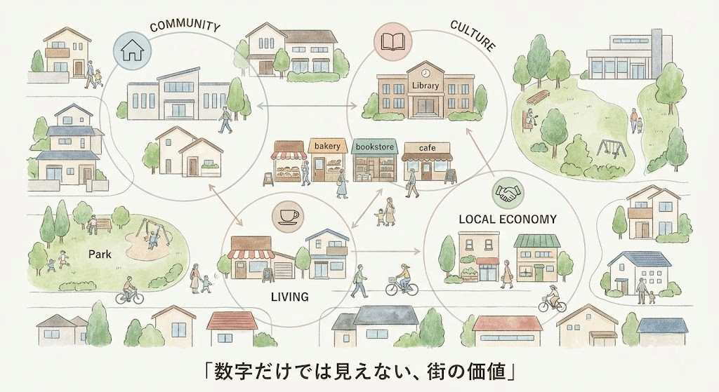 不動産視点で街全体の価値を俯瞰して考えるイメージ