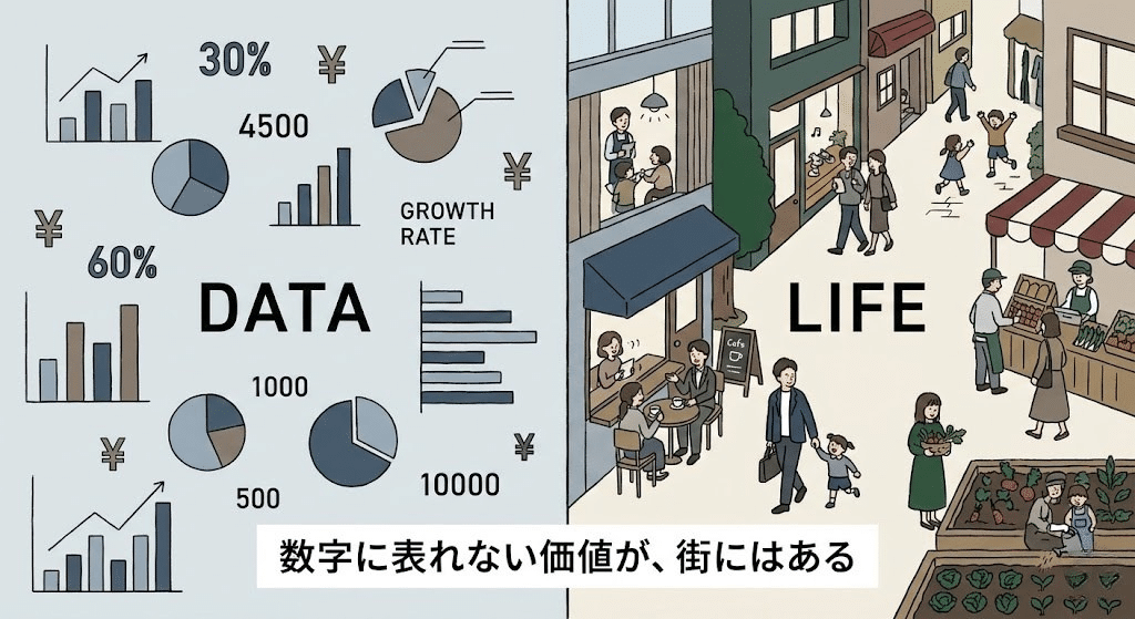 不動産価格や利便性だけでは測れない街の価値を表現したイラスト