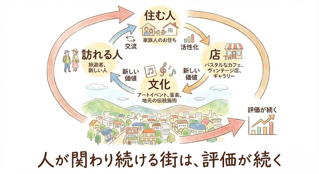 住む人と訪れる人が街の価値を更新し続ける構造イメージ