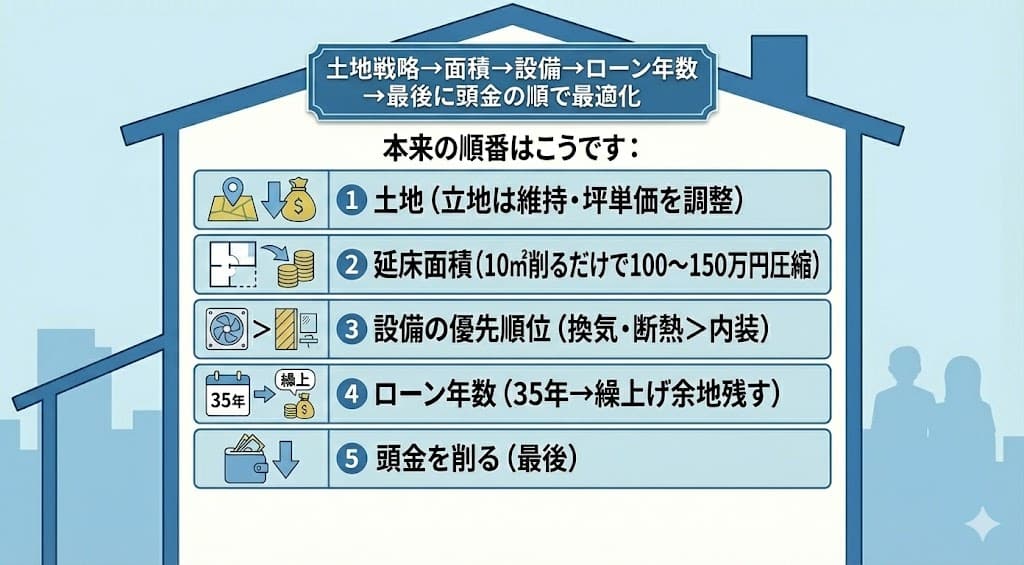土地戦略→面積→設備→ローン年数→最後に頭金の順で最適化
