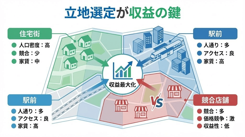 商圏分析と立地選定の重要性を説明する図解