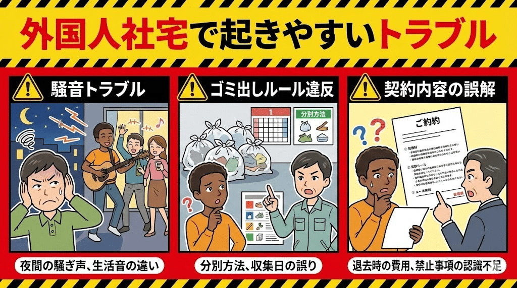 外国人社宅トラブル事例の説明図