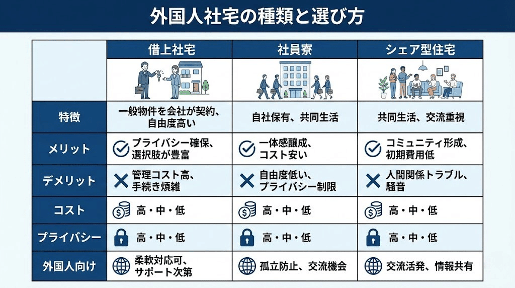 借上社宅・社員寮・シェア型住宅比較図